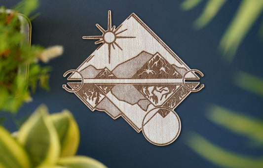 Geometric Sun and Moon Over Mountains Wooden Sticker | 5