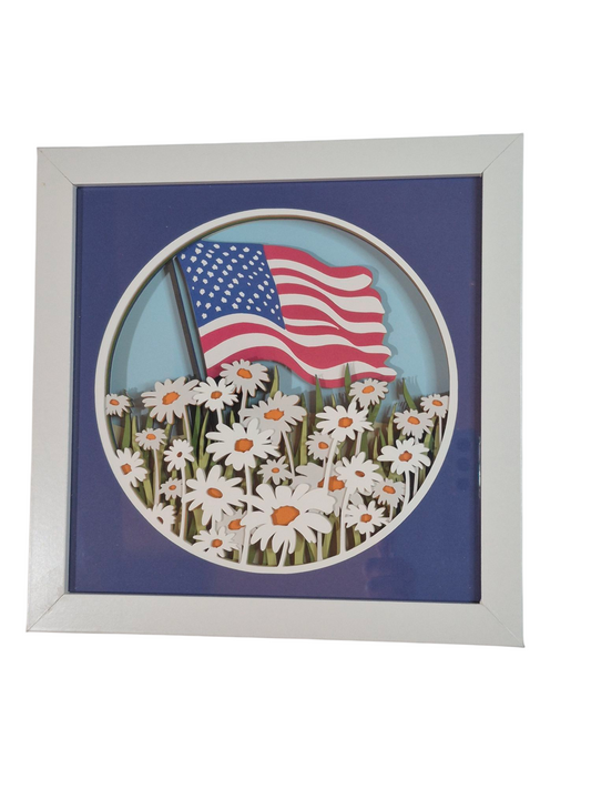 3D Flag w/ daisies shadow box