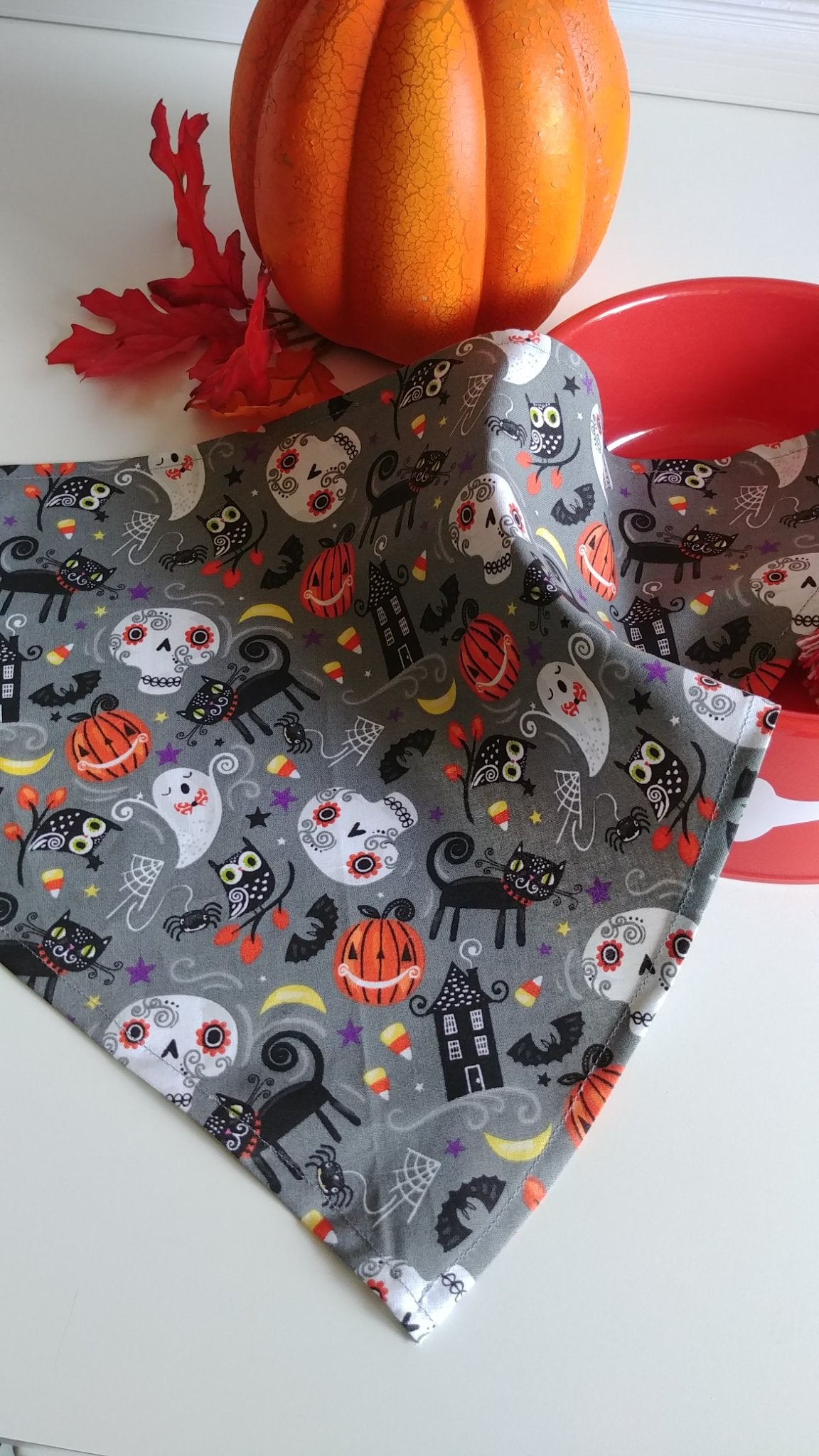 Gray Skulls and Cats Dog Bandana-Large - 1