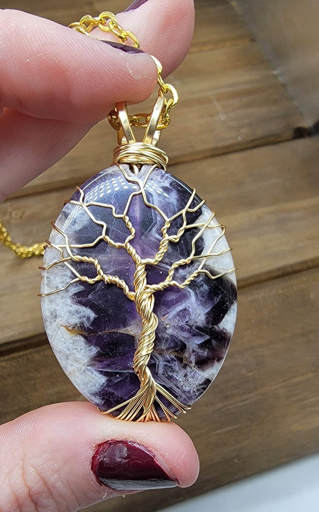 Cheveron Amethyst Gold Wire Tree of Life Hypoallergenic Stainless Gold Chain - 1