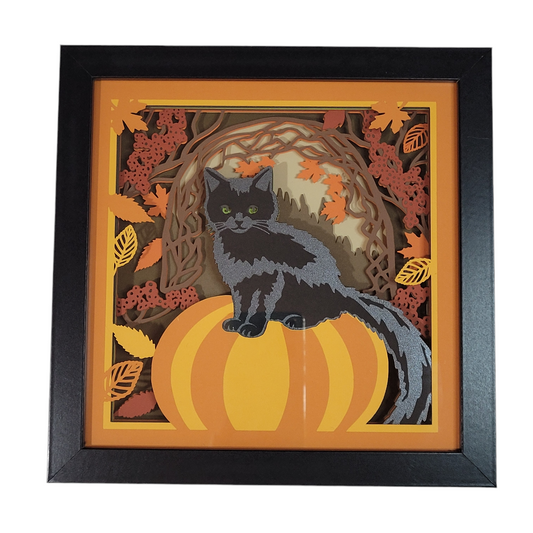 3D Black cat with pumpkin shadow box  - 1