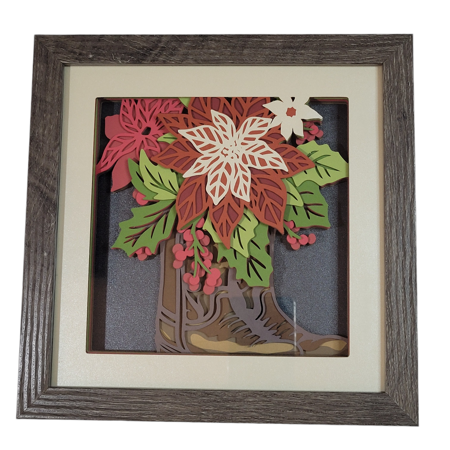 3D Cowboy boots with poinsettias shadow box  - 1