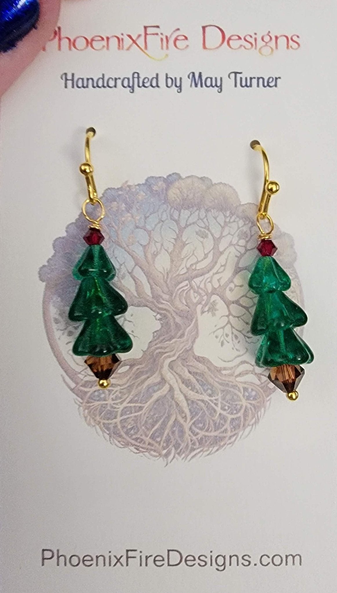 Christmas Tree Earrings (Dark Green) 14k Gold Plated - 1