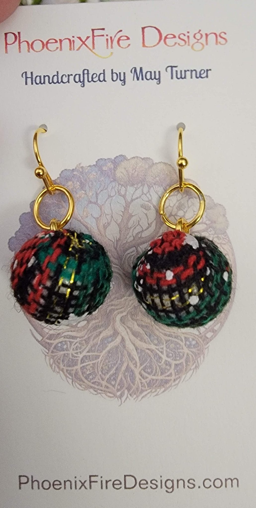 Fabric Christmas Ornament Earrings (Green/Red) 14k Gold Plated - 1