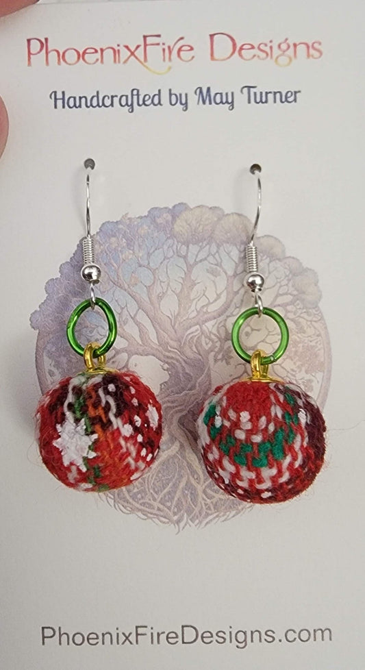 Fabric Christmas Ornament Earrings (Red) 14k Gold Plated - 1