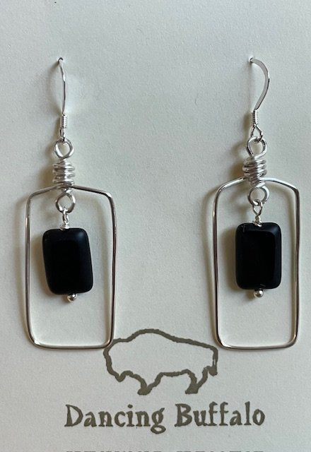 Wire Rectangle Earrings-Black - 1