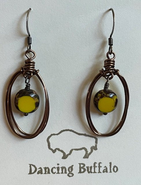 Wire Wrapped Oval Earrings-Yellow - 1