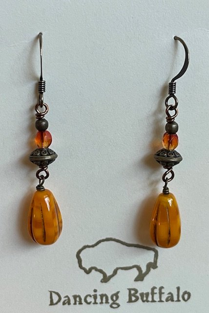 Czech Glass Drop Earrings-Orange - 1