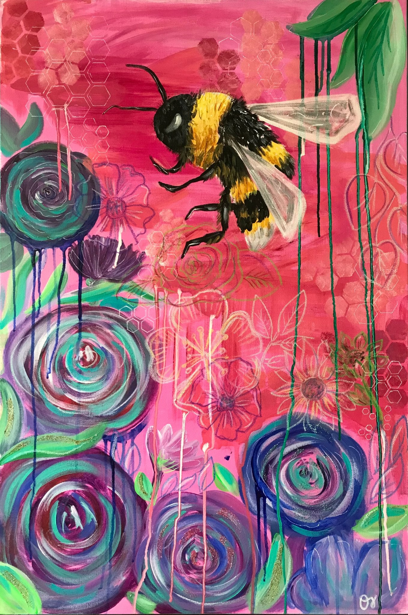Fuzzy Bumblebee with Florals | 8.5x11 Art Print - 1