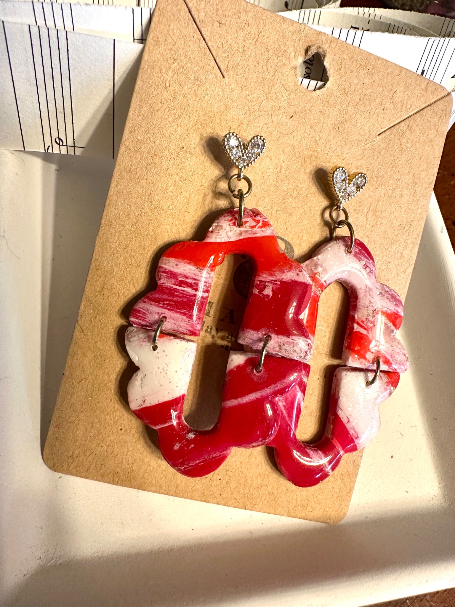 Valentine Red Marbled Dangles with heart posts - 1