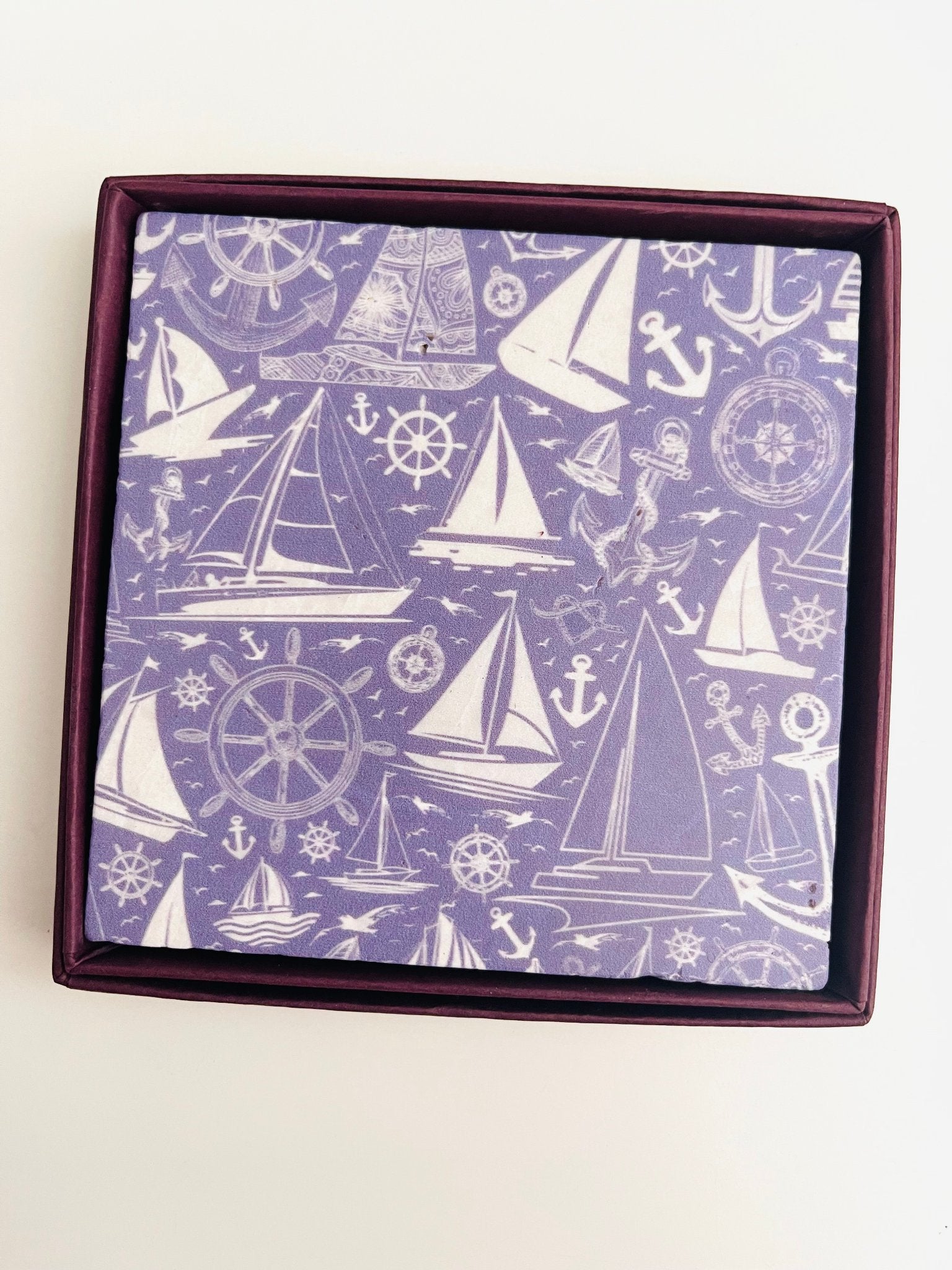 Sailboat Lineart Repeat - 4” Marble Coaster