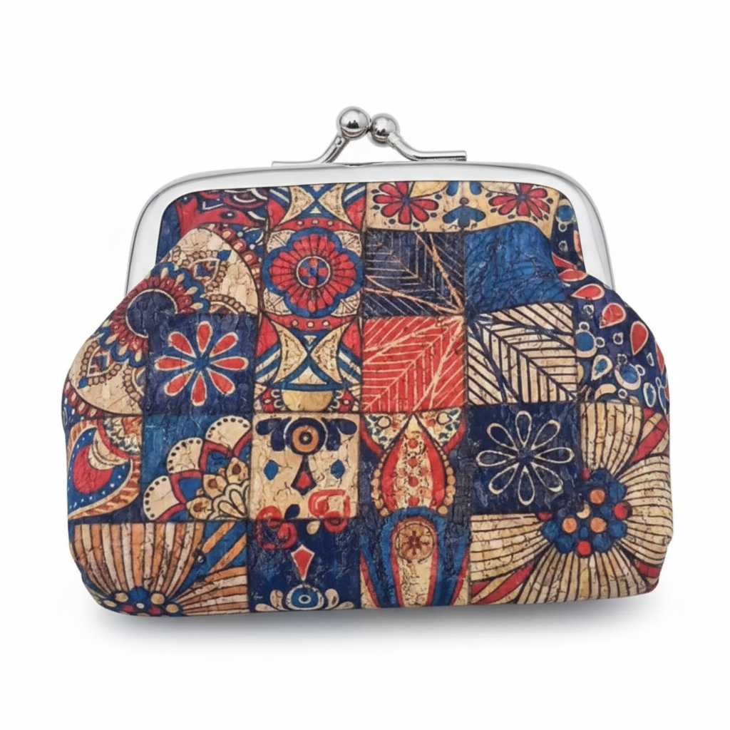 Colorful patchwork coin purse with floral and geometric patterns on a white background