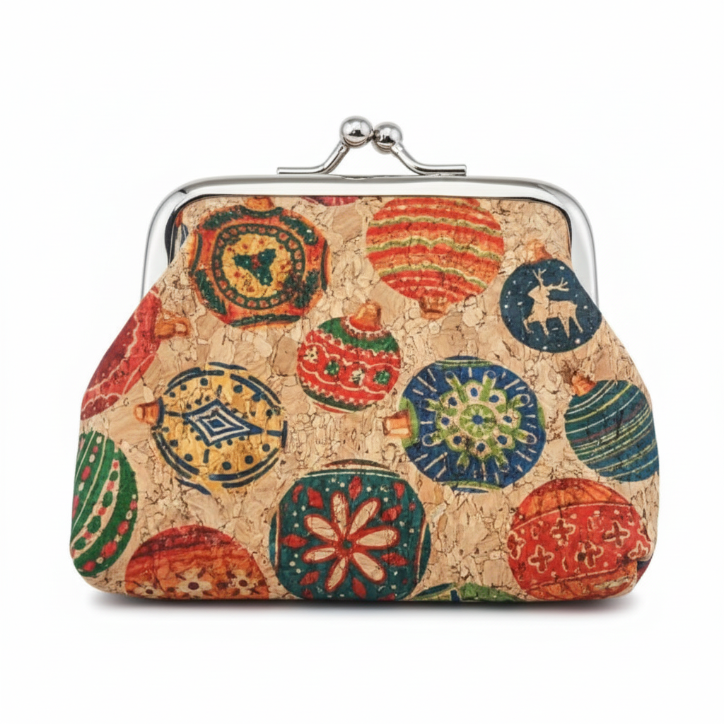 Coin purse with colorful circular patterns on a beige background