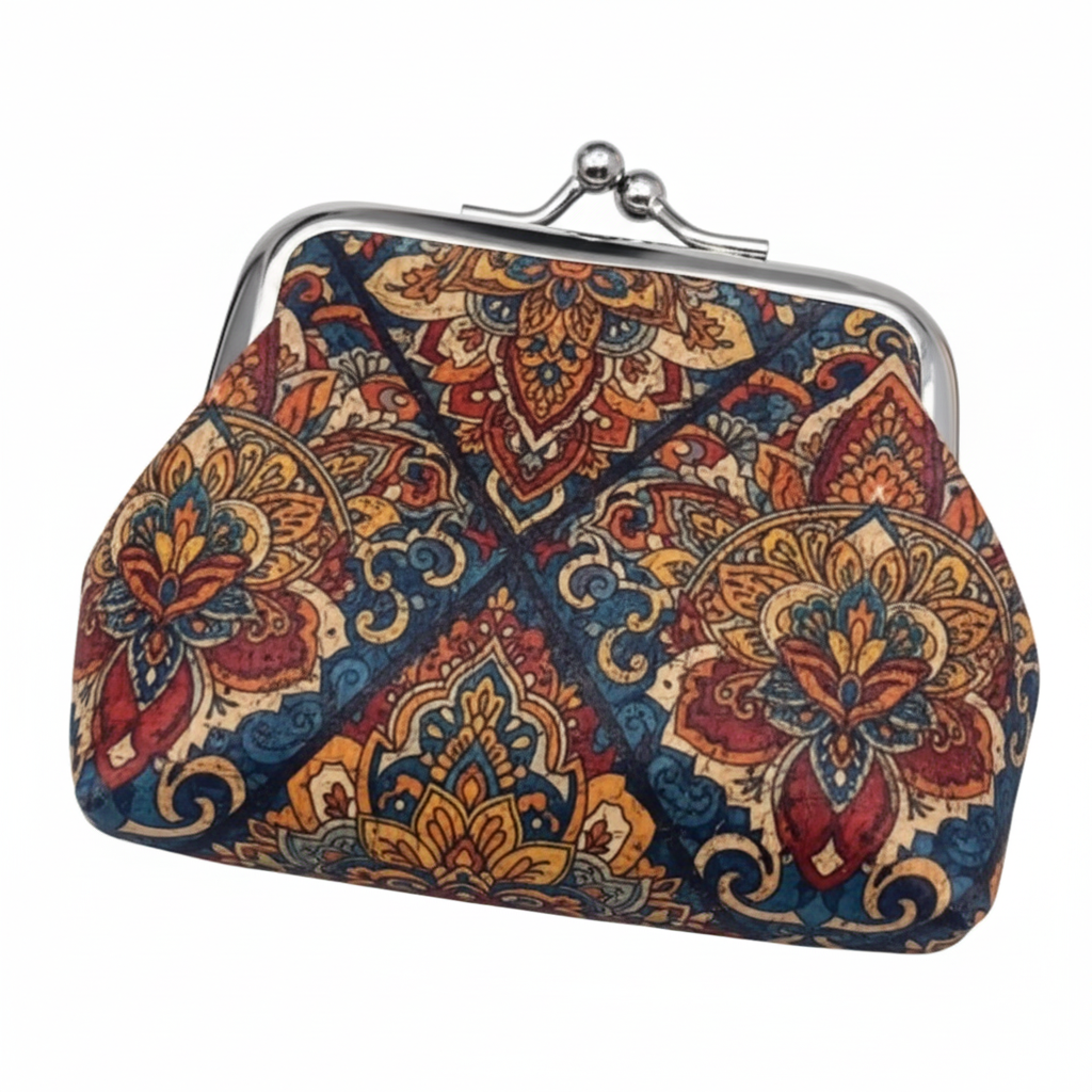 Colorful patterned coin purse on a white background