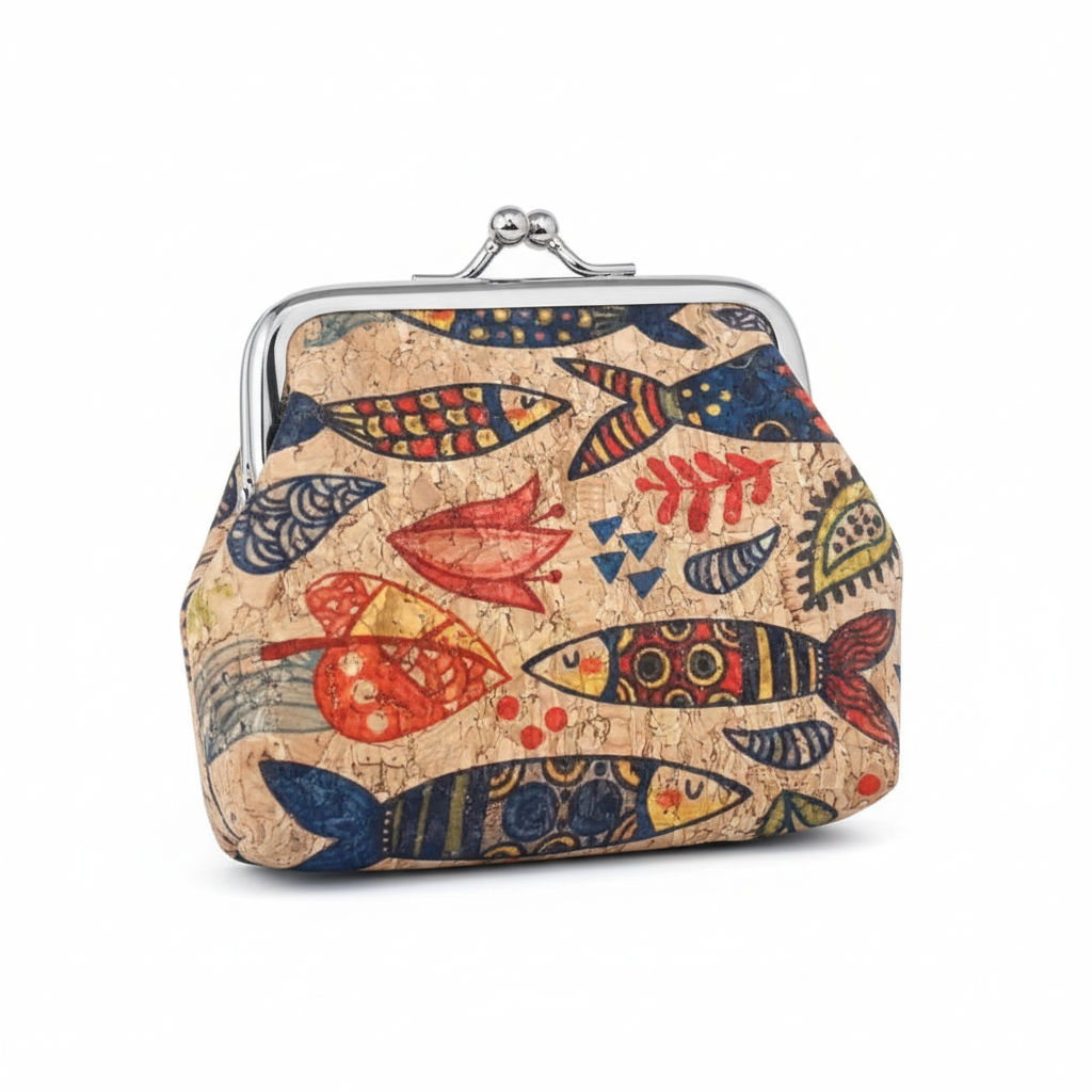 Colorful fish-patterned coin purse on a white background