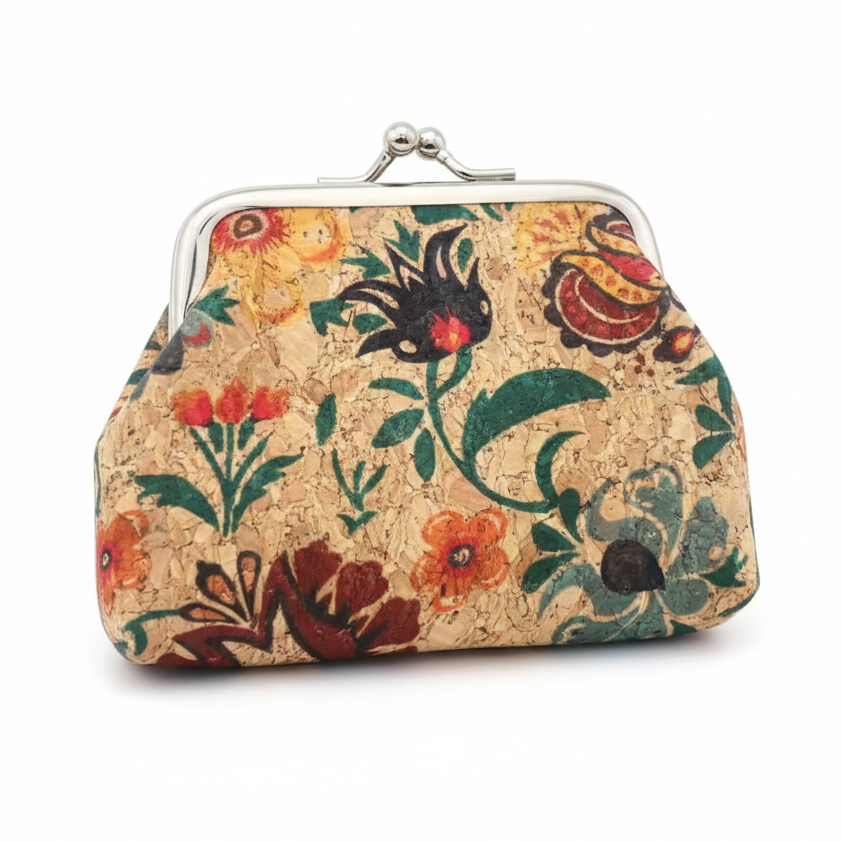 Floral patterned coin purse on a white background